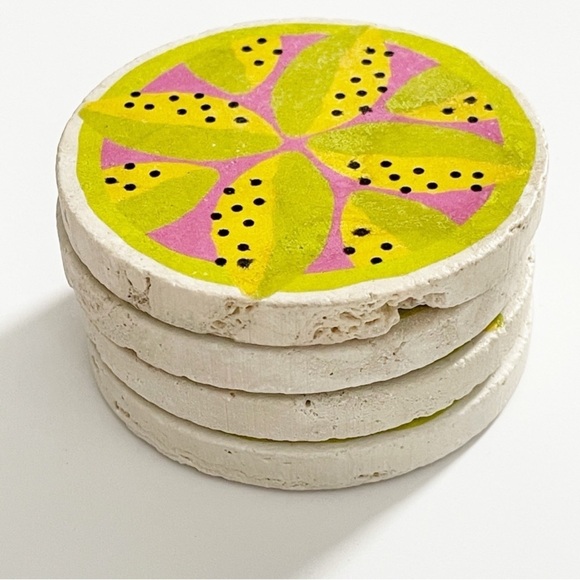 NWT Anthropologie Travertine Stone Coaster Set Wabi Yellow Pink Set of 4 - Picture 3 of 8